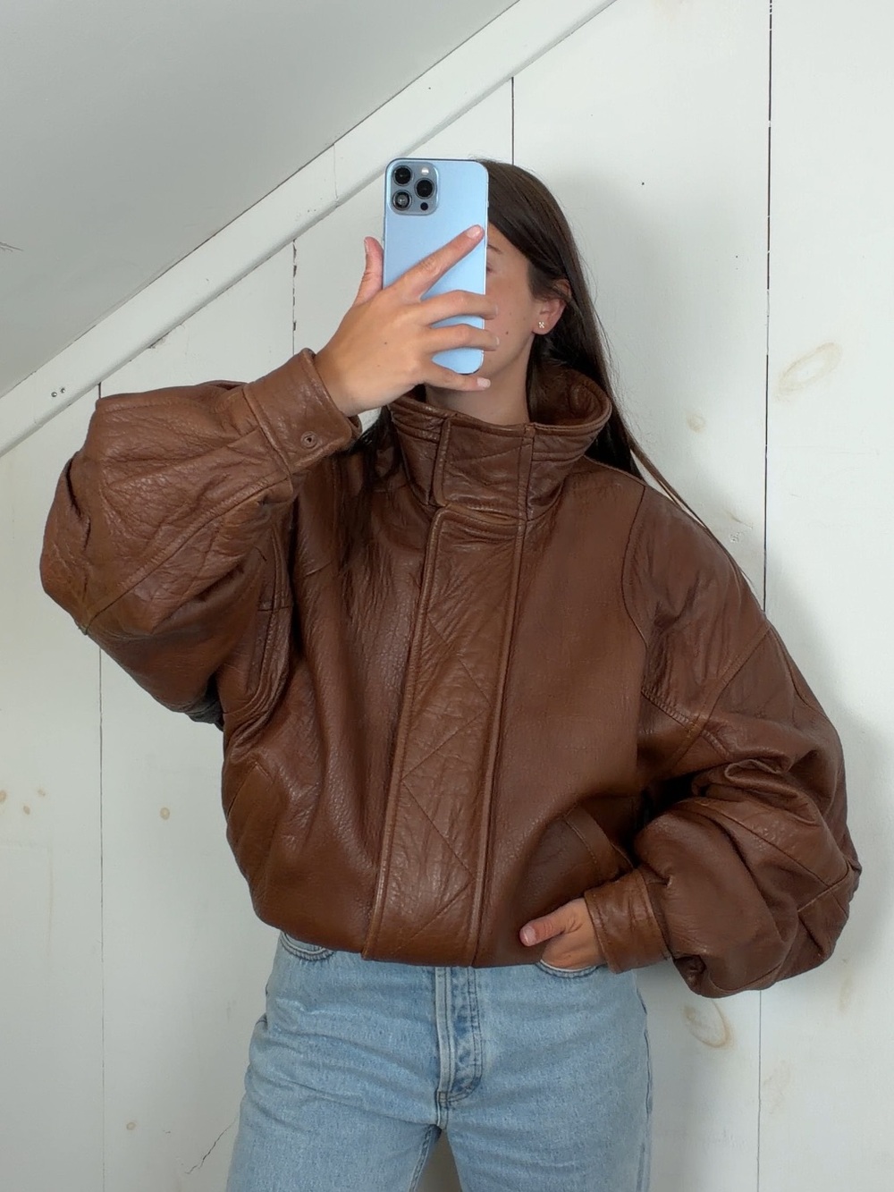 Vintage Brown Genuine Leather Bomber Jacket Mens XL High Funnel Neck Heavyweight